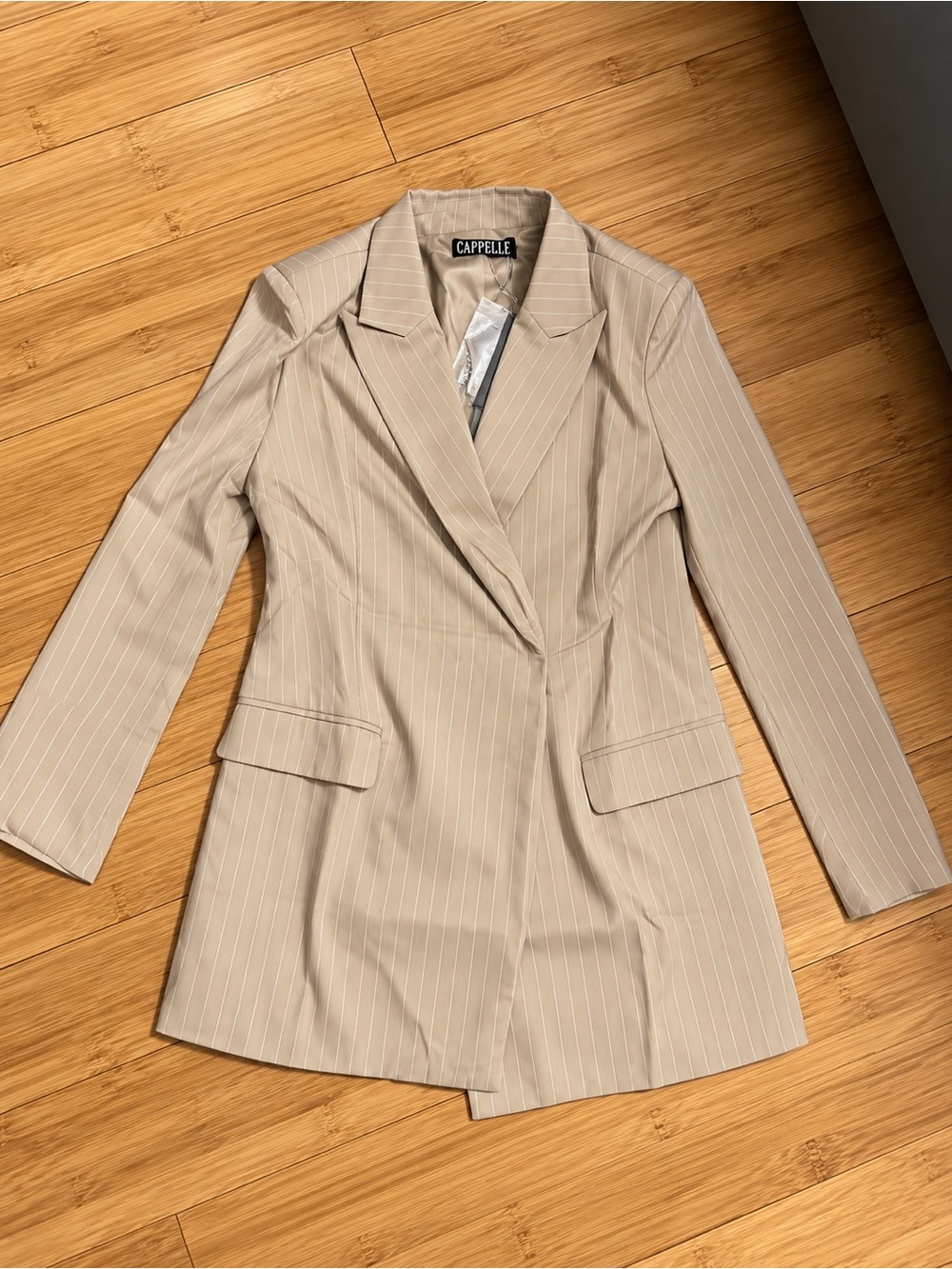 Beige Pinstripe Women's Blazer Dress